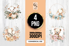 Cute Baby Animals Floral Wreath Clipart Sublimation PNG Product Image 1