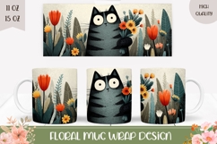 Cartoon Cat Mug Wrap, Flowers Mug Template, Grey Cat Mug Product Image 1