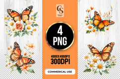 Orange Butterfly Floral Clipart PNG Set Product Image 1