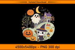 Cute Witch Cat &amp; Ghost Halloween Scene Sublimation PNG Product Image 1
