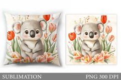 Cute Koala Pillow Design. Koala Flowers Pillow Sublimation Product Image 1