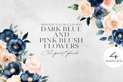 Dark Blue &amp; Blush Pink Flowers Clipart PNG. Product Image 1