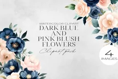 Dark Blue & Blush Pink Flowers Clipart PNG. Product Image 1