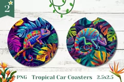 Chameleon Car Coaster PNG, Neon Tropical Leaves Car Coasters Product Image 1