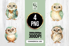 Cute Owl With Glasses Watercolor Clipart Sublimation PNG Product Image 1