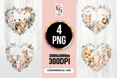 Cute Watercolor Animal Heart Wreath Clipart Sublimation PNG Product Image 1