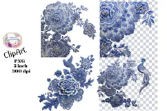 Blue Toile, Ephemera, PNG, Clipart, Junk Journal, flowers Product Image 1
