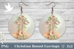 Christian Cross Round Earrings, Floral Cross Earrings PNG Product Image 1