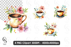 Watercolor Coffee Cup with Flowers Clipart Sublimation PNG Product Image 1