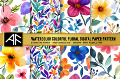 Watercolor Colorful Floral Digital Paper Product Image 1