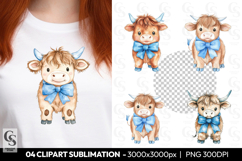 Highland Cow With Blue Bow Clipart Sublimation PNG Product Image 1