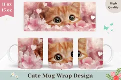 Cute Cat Mug PNG, Love Hearts Mug Print, Animals Mug Design Product Image 1