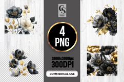 Black Gold Watercolor Floral Clipart Sublimation PNG Product Image 1