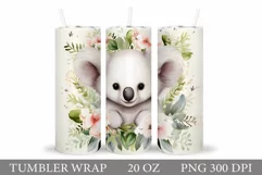 Cute Koala Tumbler Sublimation. Koala Flowers Tumbler Design Product Image 1