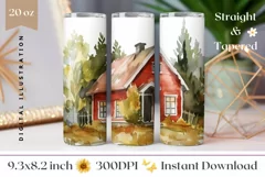 Watercolor House Tumbler Design, Fall Tumbler Sublimation Product Image 1