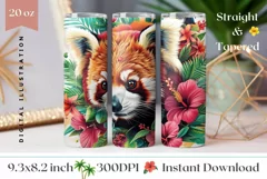 Red Panda Tumbler Wrap Design, Tropical Flowers Tumbler PNG Product Image 1