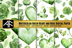 Watercolor Green Heart and Rose Digital Paper Product Image 1