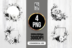 Black White Floral Frame Watercolor Clipart Sublimation PNG Product Image 1
