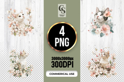 Floral Cat Watercolor Clipart Sublimation PNG Product Image 1