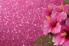 A pink glitter with hibiscus flowers on the right side Product Image 1