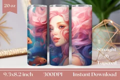 Pink Hair Mermaid Sublimation Design, Kawaii Mermaid Wrap Product Image 1