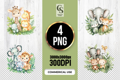 Cute Jungle Animals Watercolor Clipart Sublimation PNG Product Image 1