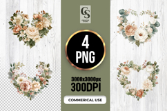 Watercolor Neutral Floral Heart Wreath Clipart png Product Image 1