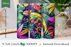 Chameleon Tumbler Design, Neon Tropical Leaves Tumbler PNG Product Image 1