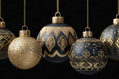 Black and Gold Christmas Ornaments on Black Background Product Image 1
