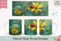 Floral Coffee Mug, Ladybug Mug PNG, Flowers Mug Wrap Product Image 1