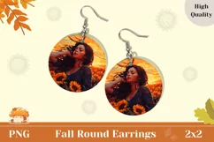 Girl in Sunflowers Round Earrings Design, Fall Earrings PNG Product Image 1