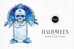 Tombstone with a skull. Watercolor horror party PNG clipart Product Image 1