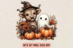 Halloween Ghost And Highland Cow Png, Floral Halloween Png. Product Image 1
