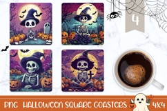 Neon Halloween Skull Square Coasters, Cartoon Pumpkins PNG Product Image 1
