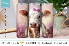 Summer Cow Tumbler Wrap Design, Pink Flowers Tumbler Design Product Image 1
