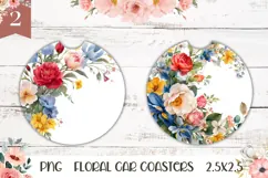Floral Wreath Coaster, Watercolor Flowers Car Coasters PNG Product Image 1