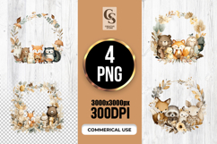 Cute Watercolor Forest Animal Wreath Clipart Sublimation PNG Product Image 1