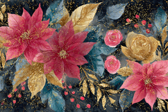 "Gold &amp; Red Christmas Floral Background - Watercolor Texture Product Image 1