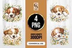 Sleeping Puppy with Flowers Sublimation Clipart PNG Product Image 1