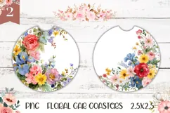 Watercolor Flowers Car Coasters, Wildflowers Sublimation PNG Product Image 1