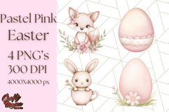 Pastel Pink Easter Bunny Egg and Flowers Clipart PNG Product Image 1
