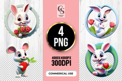 Cute Bunny Heart Flowers Clipart Sublimation PNG Product Image 1