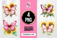 Pink Butterfly with Sunflower Clipart Sublimation PNG Product Image 1