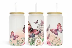Butterflies Flowers Watercolor 16oz Libby Glass Can Product Image 1