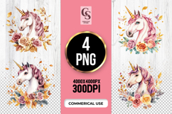 Watercolor Unicorn Floral Clipart Sublimation PNG Product Image 1