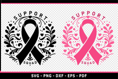 Support Squad SVG, Pink and Black floral Cancer Ribbon SVG Product Image 1