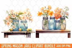 Flower Mason Jar Clipart, Watercolor Mason Jar Sublimation Product Image 1