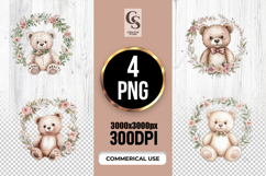 Floral Teddy Bear Wreath Clipart Sublimation PNG Product Image 1