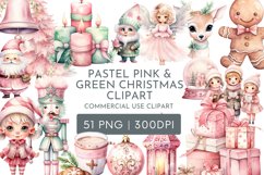 Pastel Pink and Green Christmas Clipart | Watercolor Png Product Image 1