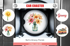 Retro Groovy Florals Car Coaster Product Image 1